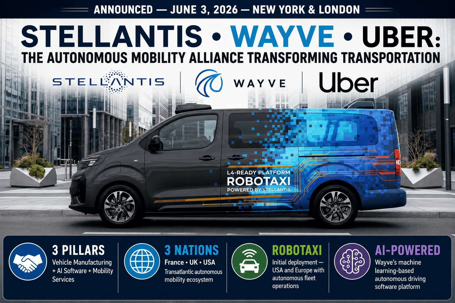 Stellantis, Wayve and Uber autonomous mobility platform,  France, UK, USA alliance infographic