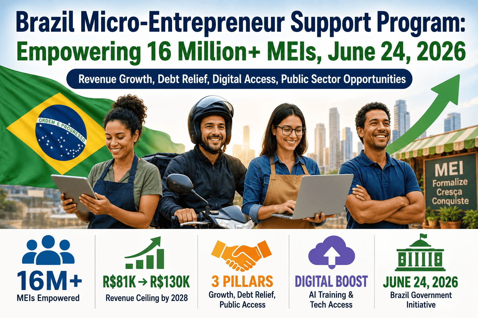 Brazil micro-entrepreneur support program,  MEI support package announced June 24, 2026 covering digital transformation, tax debt renegotiation, and public sector access for 16 million+ entrepreneurs