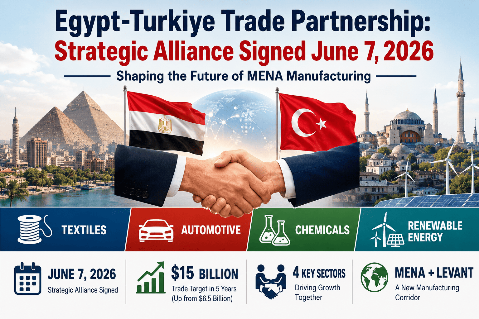 Egypt-Turkiye Trade Partnership,  Strategic Alliance signed June 7, 2026, bilateral cooperation Textiles Automotive Chemicals Renewable Energy